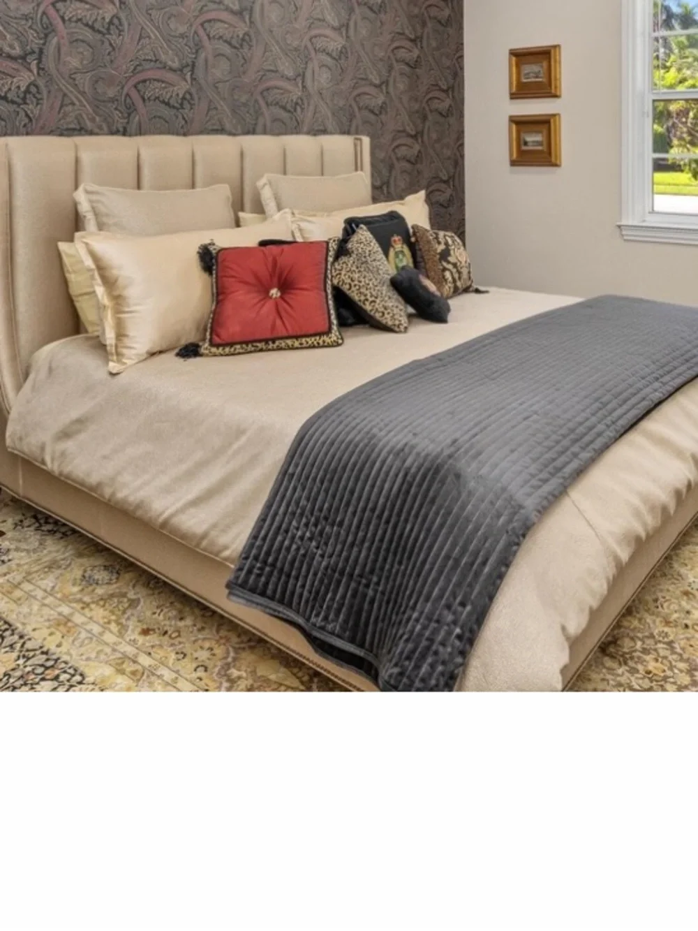 Luxury Cream Upholstered Bedspread with Navy Accent Throw